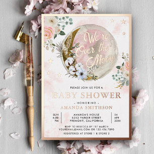 Over The Moon Roze Bloemen Baby Shower Roze Goud Folie Uitnodiging