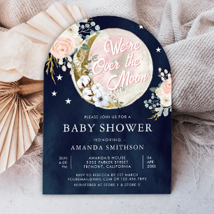 Over The Moon Roze Bloemen Navy Blauwe Baby Shower Kaart
