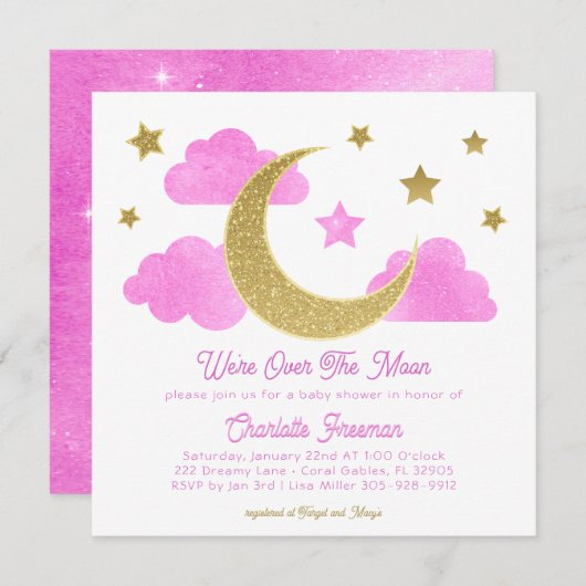 Over the Moon Roze Goud Baby shower Uitnodigen Kaart (Voorkant / Achterkant)