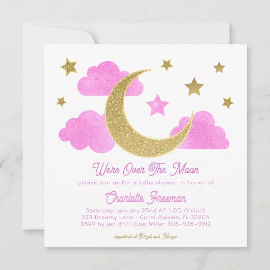 Over the Moon Roze Goud Baby shower Uitnodigen Kaart (Voorkant)