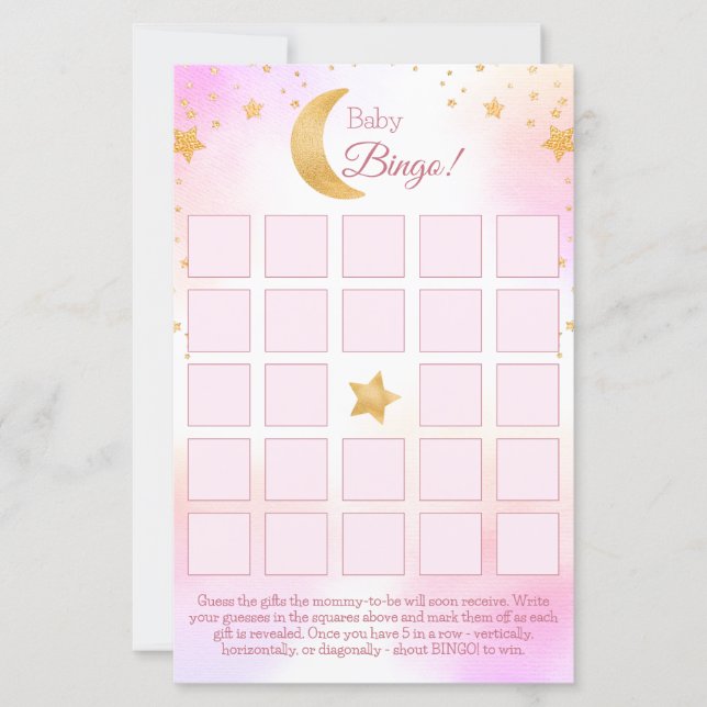 Over the Moon Roze Meisje Baby Shower Bingo Kaart (Voorkant)