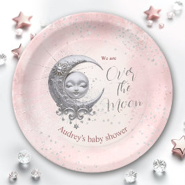 Over The Moon Roze Meisje Baby shower Papieren Bor Bordje