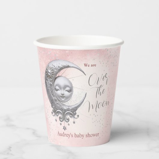 Over The Moon Roze Meisje Baby shower Papieren Kop Papieren Bekers (Voorkant)