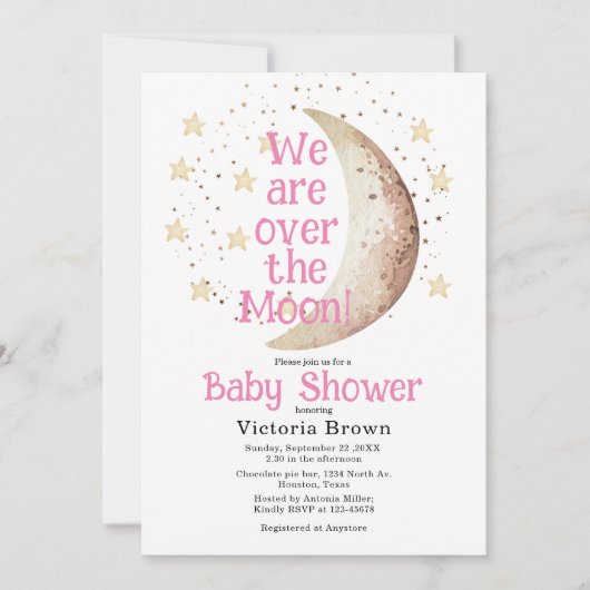 Over the Moon Roze Meisje Baby shower Uitnodiging (Voorkant)
