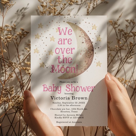 Over the Moon Roze Meisje Baby shower Uitnodiging