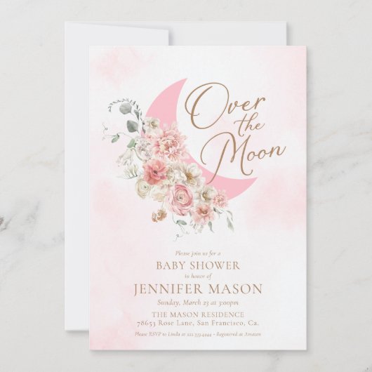 Over the Moon Roze Meisje Baby shower Uitnodiging (Voorkant)
