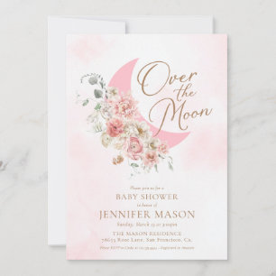 Over the Moon Roze Meisje Baby shower Uitnodiging