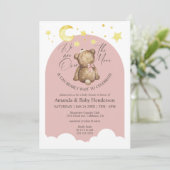 Over The Moon Roze Teddybeer Babyshower Kaart (Staand voorkant)