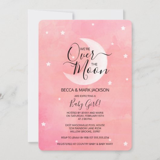Over The Moon Roze Waterverf Baby shower Kaart (Voorkant)