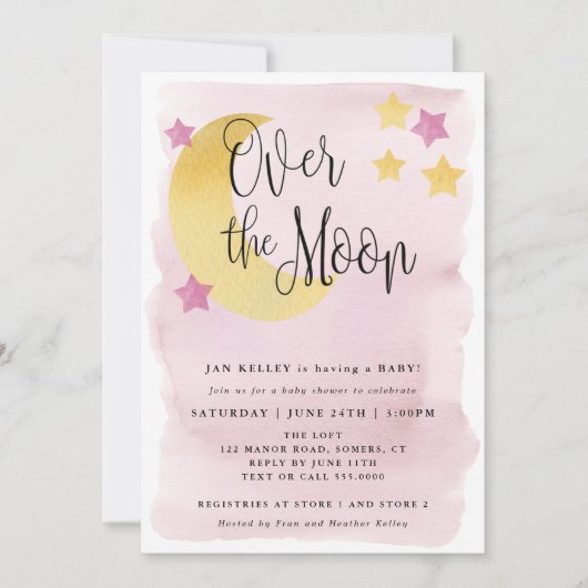Over the Moon, Roze Waterverf Baby Shower Kaart (Voorkant)