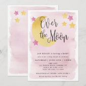 Over the Moon, Roze Waterverf Baby Shower Kaart (Voorkant / Achterkant)
