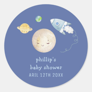 Over The Moon Ruimteschip Raket Jongen Baby Shower Ronde Sticker