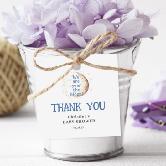 Over the Moon Schattige Blue Boy Baby shower Squar Bedankjes Labels