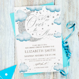 Over the Moon Silver Blue Baby shower Boy Kaart