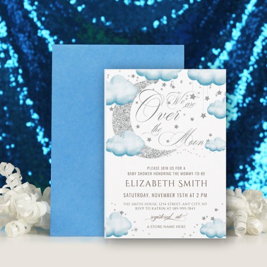 Over the Moon Silver Blue Baby shower Boy Kaart