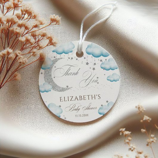 Over the Moon Silver Blue Boy Baby shower Glitter Bedankjes Labels