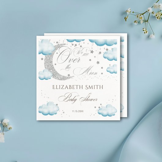 Over the Moon Silver Blue Boy Baby shower Glitter Servet