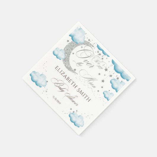 Over the Moon Silver Blue Boy Baby shower Glitter Servet (Hoek)