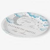 Over the Moon Silver Blue Boy Baby shower Papieren Bordje (Gekanteld)