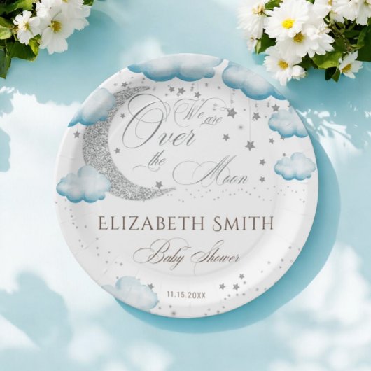 Over the Moon Silver Blue Boy Baby shower Papieren Bordje