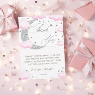 Over the Moon Silver Pink Baby shower Welkom Bedankkaart