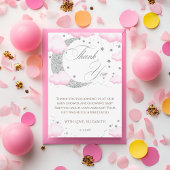 Over the Moon Silver Pink Baby shower Welkom Bedankkaart