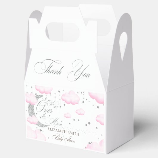 Over the Moon Silver Pink Girl Baby shower Bedankdoosjes (Geopend)