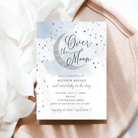 Over the Moon Silver Stars Blue Baby shower Kaart
