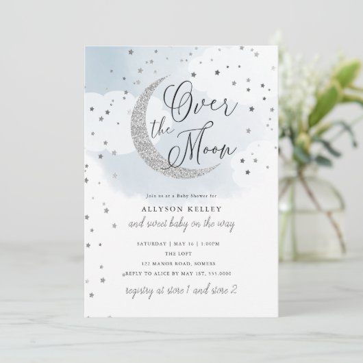 Over the Moon Silver Stars Blue Baby shower Kaart (Staand voorkant)