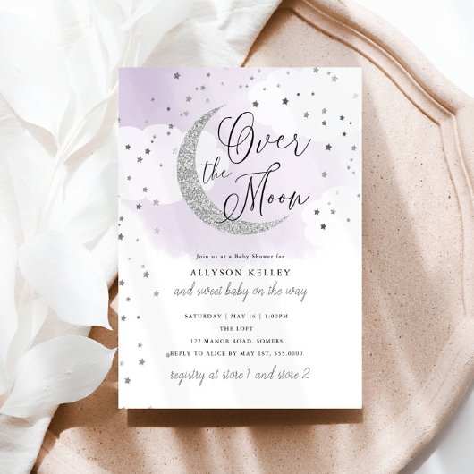 Over the Moon Silver Stars Paarse Baby shower Kaart