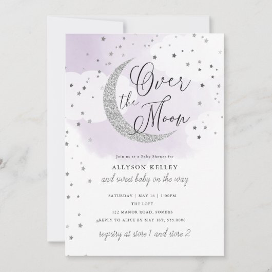 Over the Moon Silver Stars Paarse Baby shower Kaart (Voorkant)