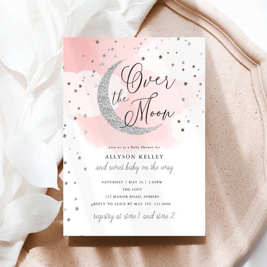 Over the Moon Silver Stars Roze Baby shower Kaart