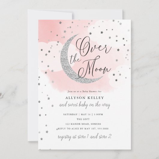 Over the Moon Silver Stars Roze Baby shower Kaart (Voorkant)