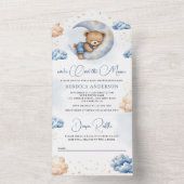 Over the Moon Sleeping Teddy Bear Blauw Baby showe All In One Uitnodiging (Binnen)