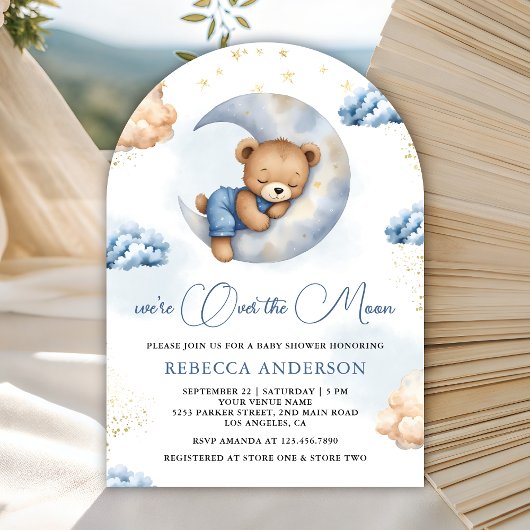 Over the Moon Sleeping Teddy Bear Blue Baby Shower Kaart