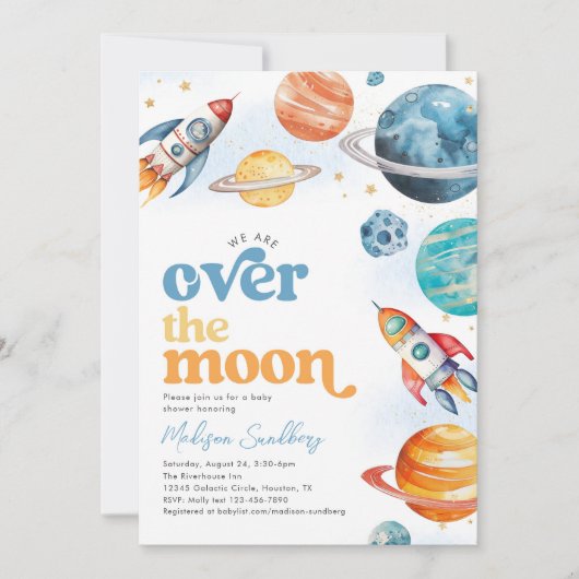 Over the Moon Space Baby shower Invitation Kaart (Voorkant)
