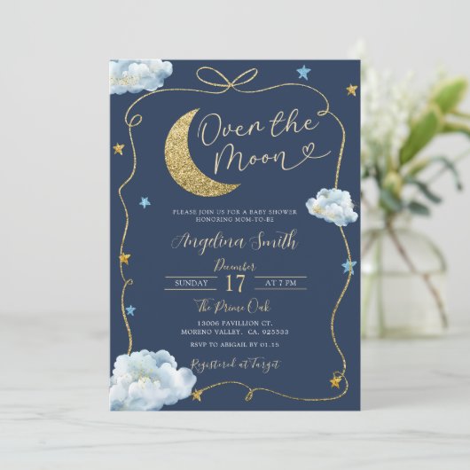 Over the Moon Stars Baby shower handgetekend met b Kaart (Staand voorkant)