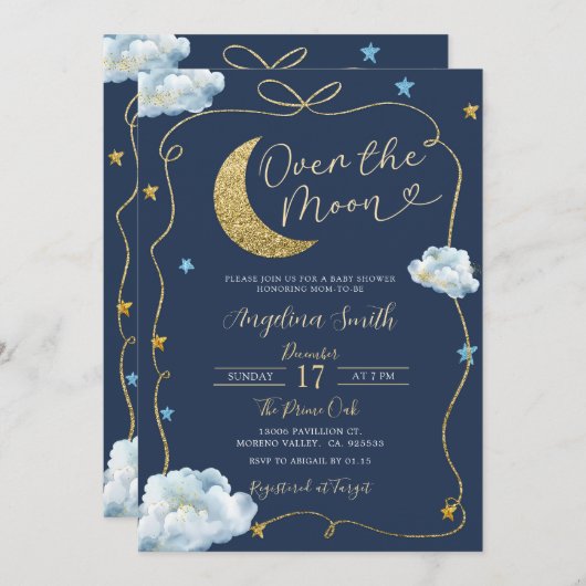 Over the Moon Stars Baby shower handgetekend met b Kaart (Voorkant / Achterkant)