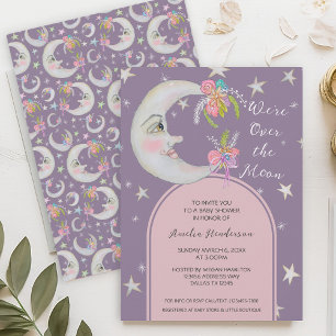 Over the Moon Stars Floral Lavender Baby shower Kaart
