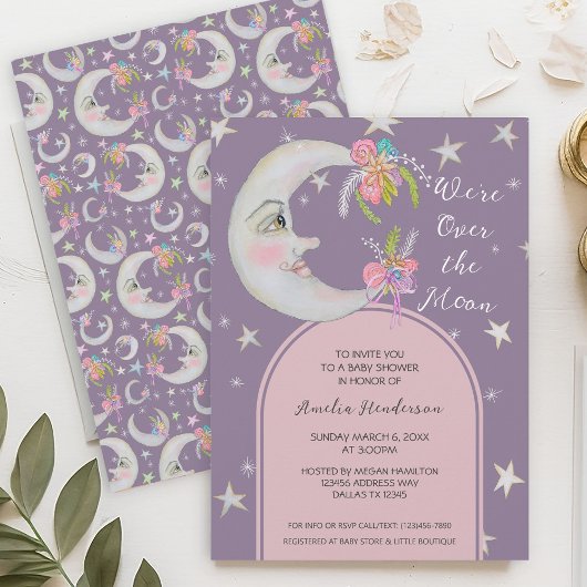 Over the Moon Stars Floral Lavender Baby shower Kaart