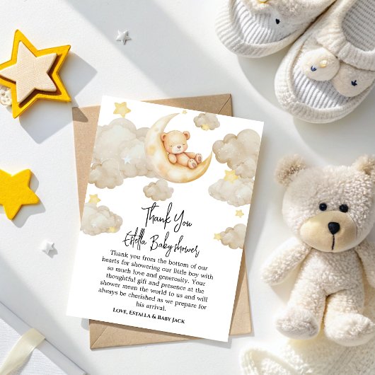 Over The Moon stars Teddy Bear Baby Shower Bedankkaart
