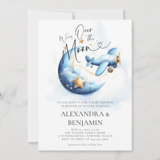 Over the Moon Stars Vliegtuigcode Baby Boy Shower Kaart (Voorkant)