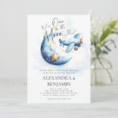 Over the Moon Stars Vliegtuigcode Baby Boy Shower Kaart (Staand voorkant)