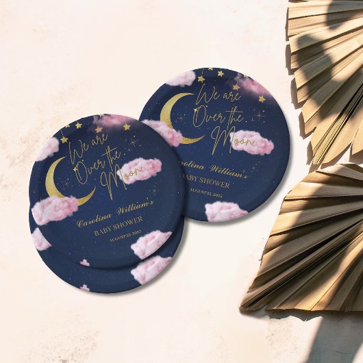 Over the Moon sterren roze baby shower Papieren Bordje