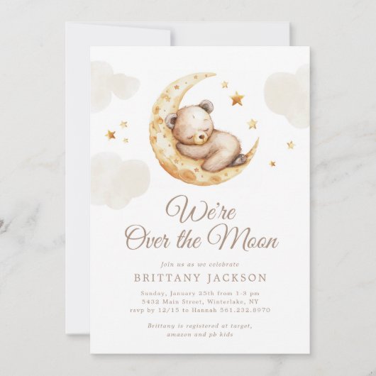 Over the Moon Teddy Bear Baby shower Invitation Kaart (Voorkant)