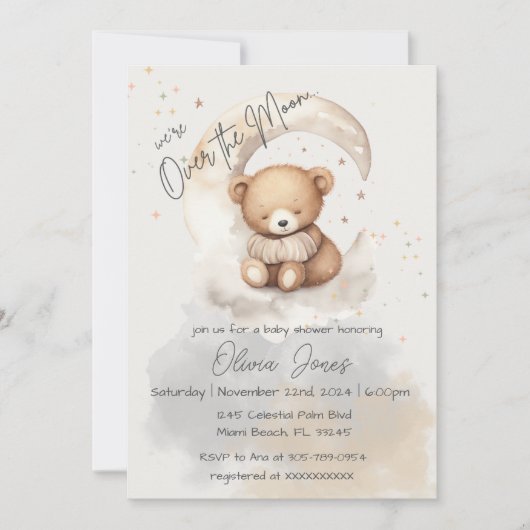 Over the Moon Teddy Bear Baby shower Invitation Kaart (Voorkant)