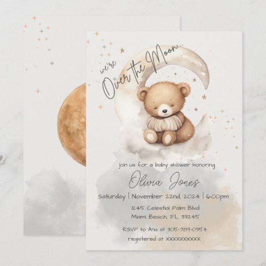 Over the Moon Teddy Bear Baby shower Invitation Kaart (Voorkant / Achterkant)