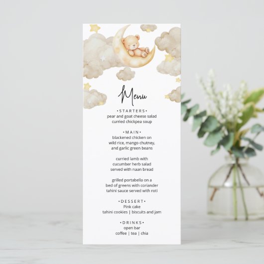 Over The Moon Teddy Bear Baby Shower Menu Card (Staand voorkant)