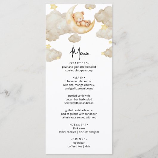 Over The Moon Teddy Bear Baby Shower Menu Card (Voorkant)
