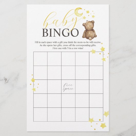 Over the Moon Teddy Bear BINGO Baby shower spel Flyer (Voorkant)